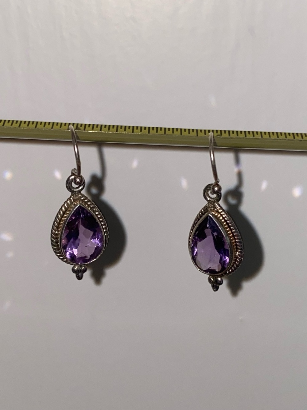 Amethyst earrings, Sterling silver, dangling, tear drop earrings sort of vintage